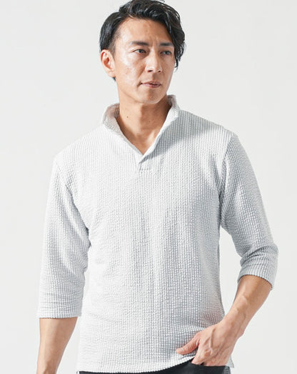 シアサッカー素材ワイヤー入りイタリアンスタンドカラースキッパー7分袖ポロシャツ