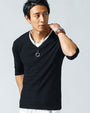 ジャガード織りフェイクレイヤード7分袖・半袖VネックTシャツ