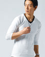 ジャガード織りフェイクレイヤード7分袖・半袖VネックTシャツ