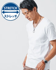 テレコ素材Vネック無地・ボーダー半袖Tシャツ