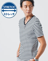 テレコ素材Vネック無地・ボーダー半袖Tシャツ
