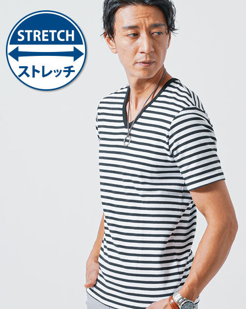 テレコ素材Vネック無地・ボーダー半袖Tシャツ