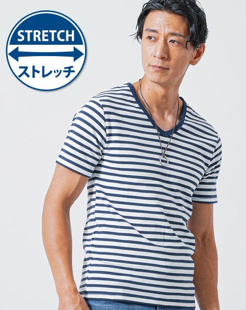 テレコ素材Vネック無地・ボーダー半袖Tシャツ