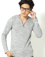 リブデザインVネックニットソー