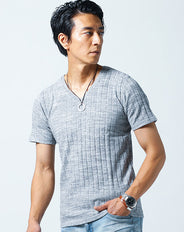 杢デザインサマーニットＶネックＴシャツ