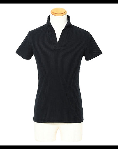 シアサッカー素材スキッパー半袖ポロシャツ