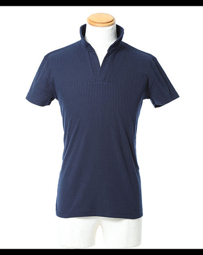 シアサッカー素材スキッパー半袖ポロシャツ