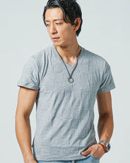 ブロックチェックデザインVネック半袖Tシャツ