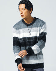 グラデーションボーダークルーネック長袖シャギーニット