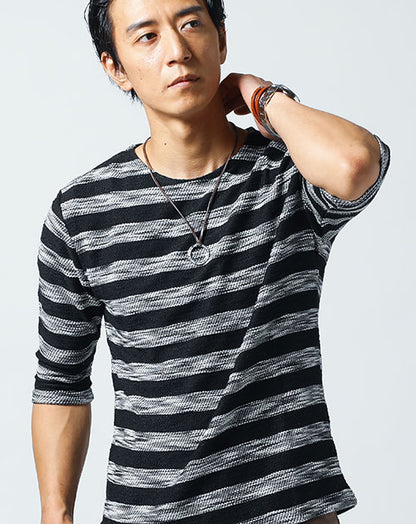 スラブボーダーデザインボートネック７分袖Ｔシャツ