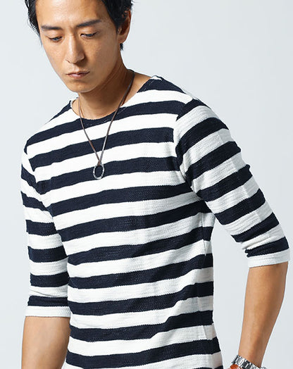 スラブボーダーデザインボートネック７分袖Ｔシャツ