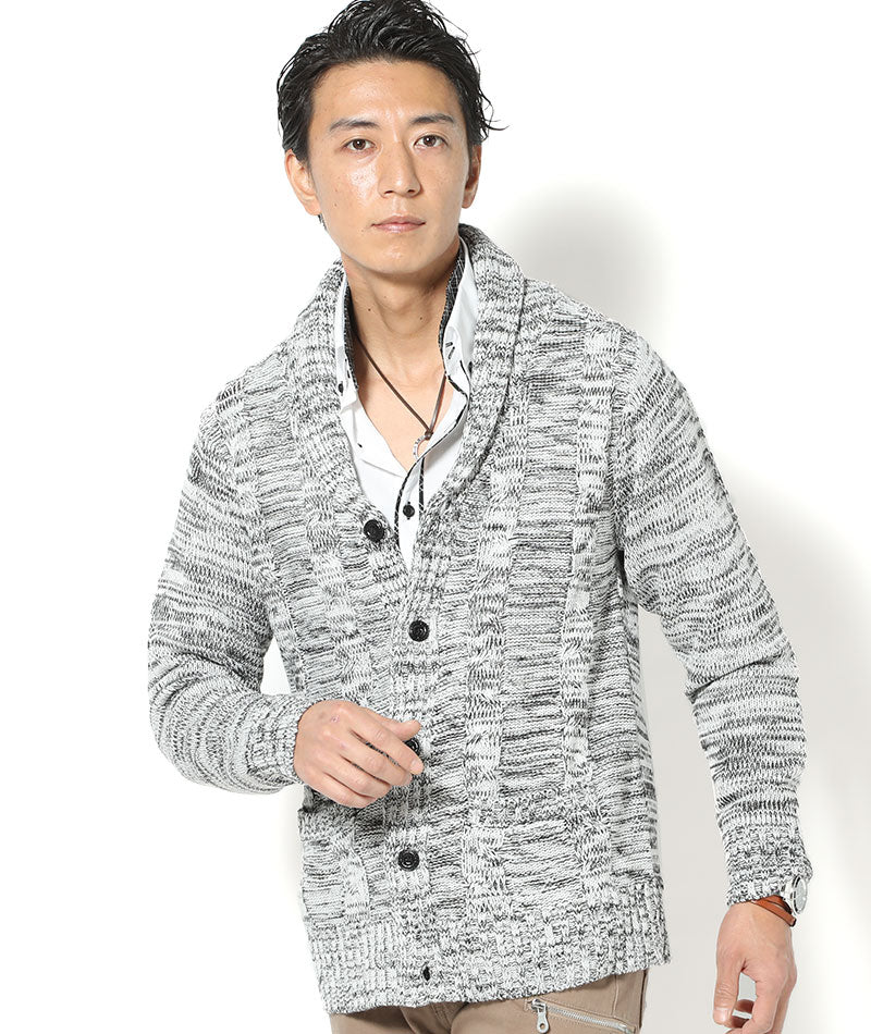 ケーブル編みショールカラーニットカーディガン ｜ メンズファッション