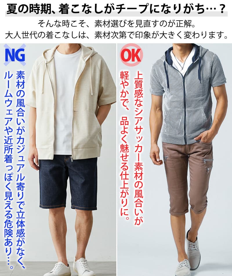 シアサッカー素材ストレッチ半袖ジップアップパーカー