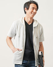 シアサッカー素材ストレッチ半袖ジップアップパーカー