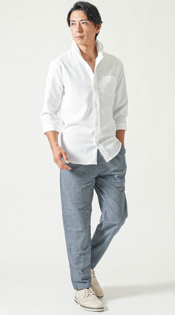 白七分袖ホリゾンタルカラーシャツ　ネイビーテーパードイージーパンツ　グレーシューズ　snp_py0037