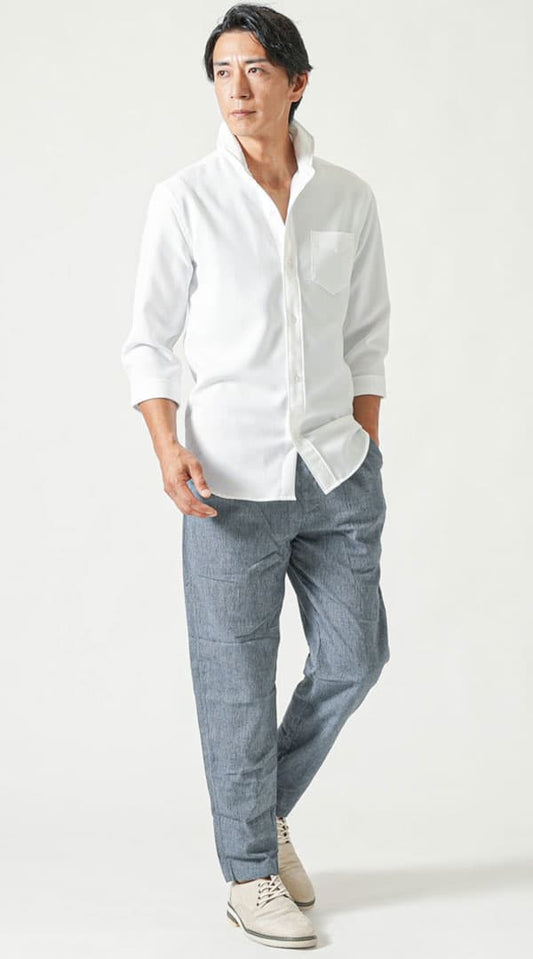 白七分袖ホリゾンタルカラーシャツ　ネイビーテーパードイージーパンツ　グレーシューズ　snp_py0037