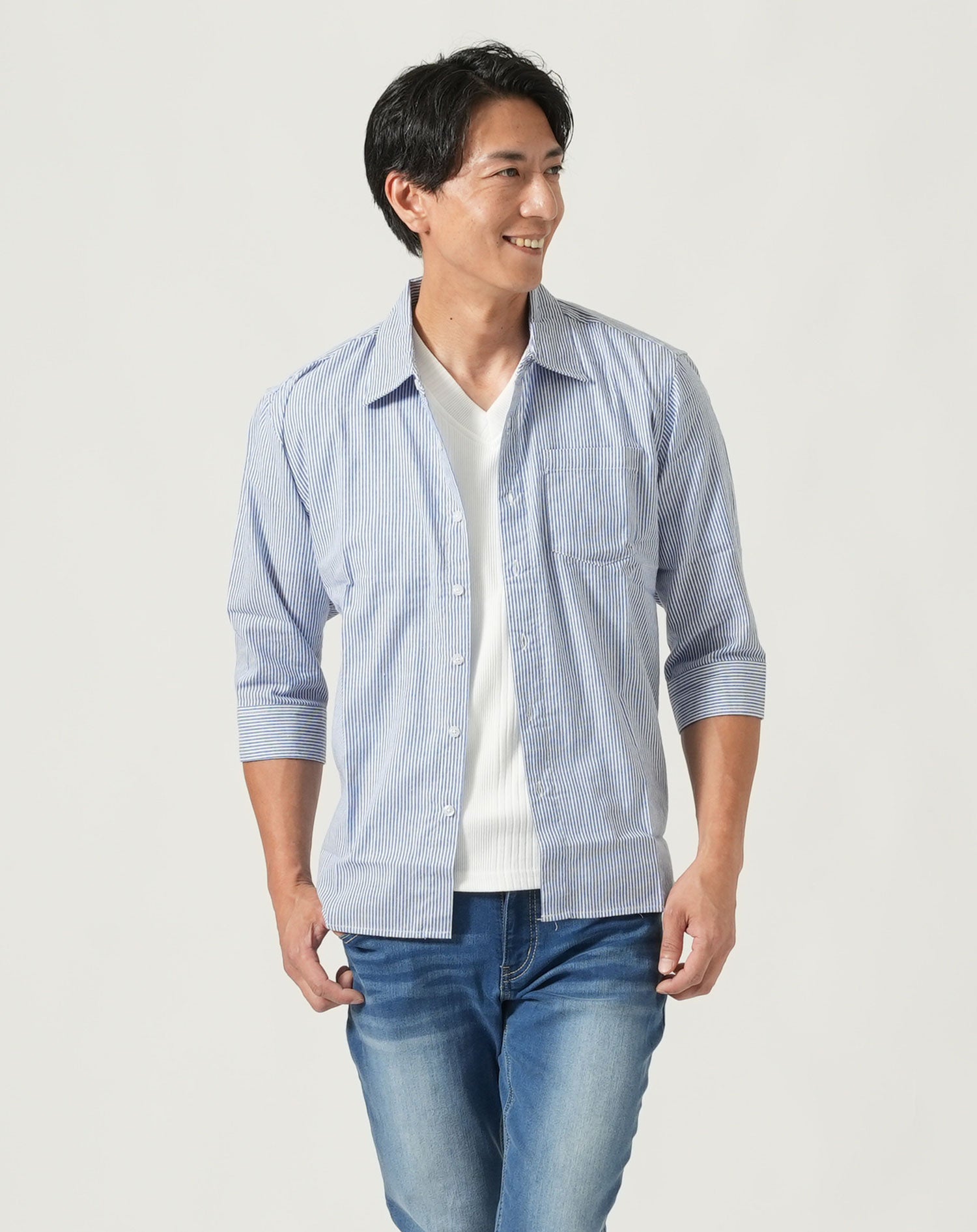 ストライプデザインポケット付き7分袖シャツ シャツ メンズ