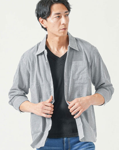 ストライプデザインポケット付き7分袖シャツ