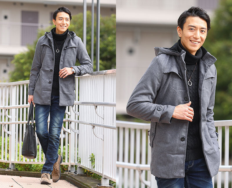 フード付きメルトン裏ボアセミロングコート ｜ メンズファッション通販