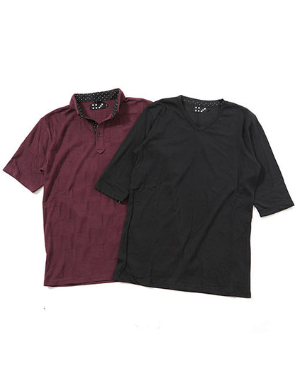 ブロックチェック半袖ポロシャツ×無地５分袖Ｔシャツ　２点セット