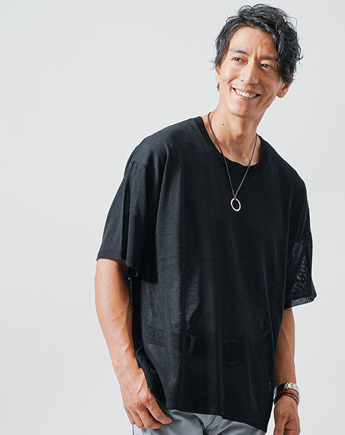 サマーニット素材半袖クルーネックTシャツ