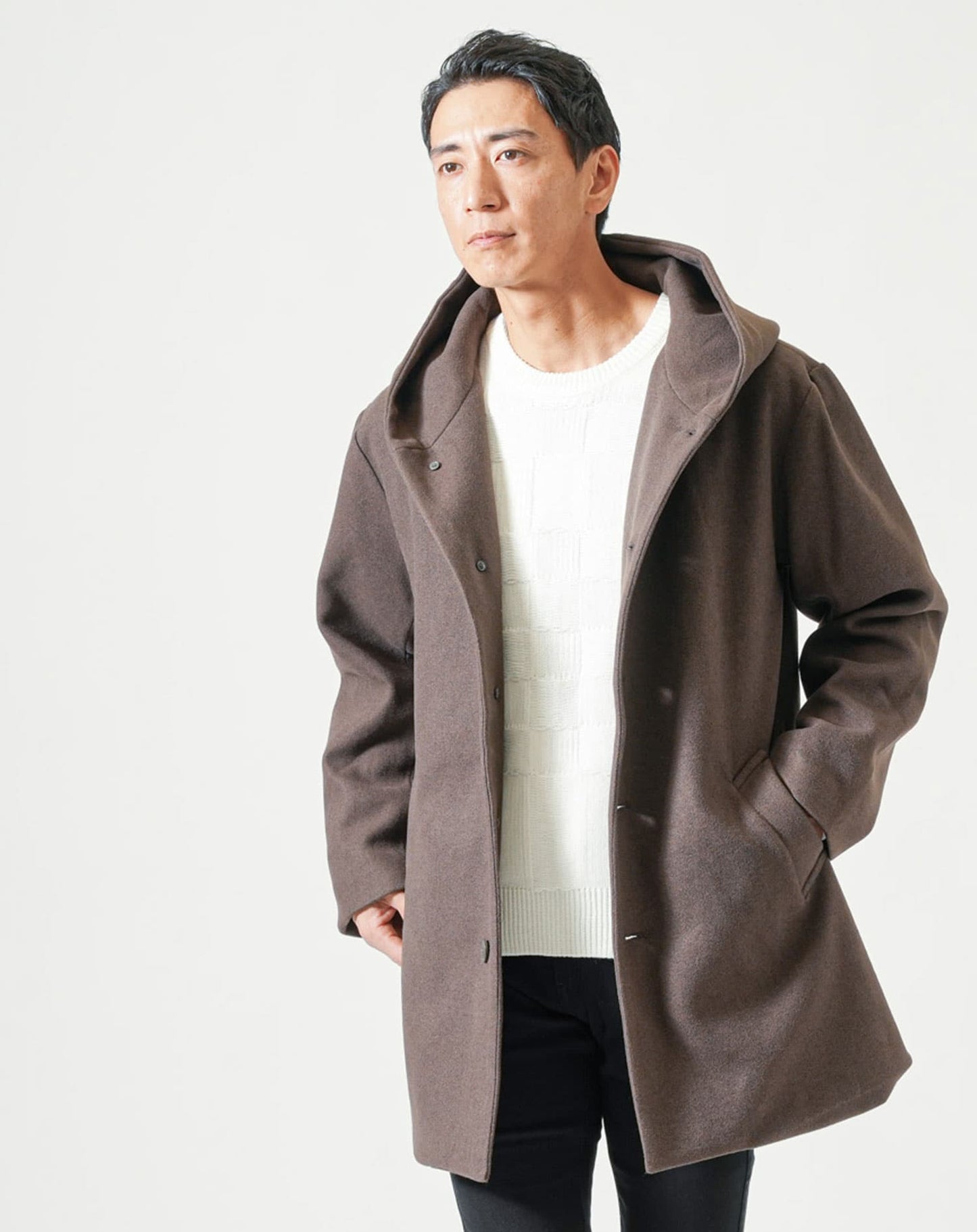 テックメルトンフード付きストレッチロングコート