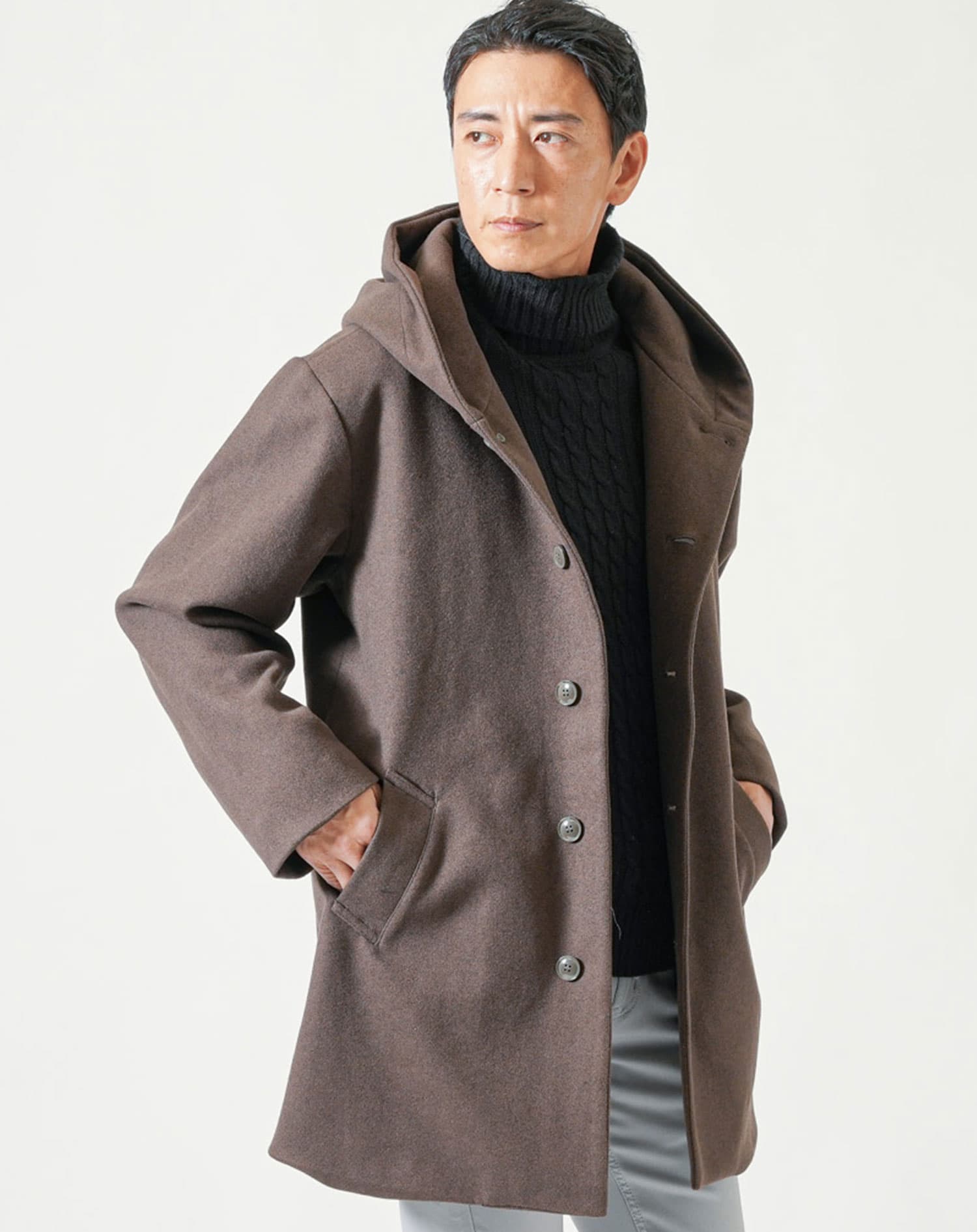 テックメルトンフード付きストレッチロングコート コート アウター