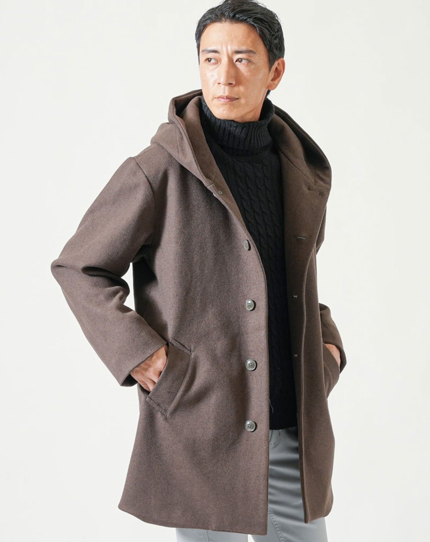 テックメルトンフード付きストレッチロングコート