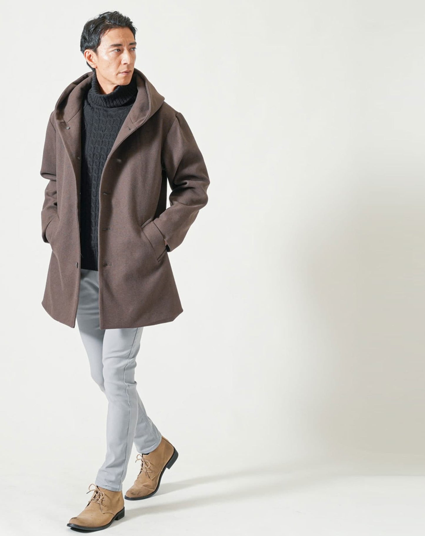 テックメルトンフード付きストレッチロングコート