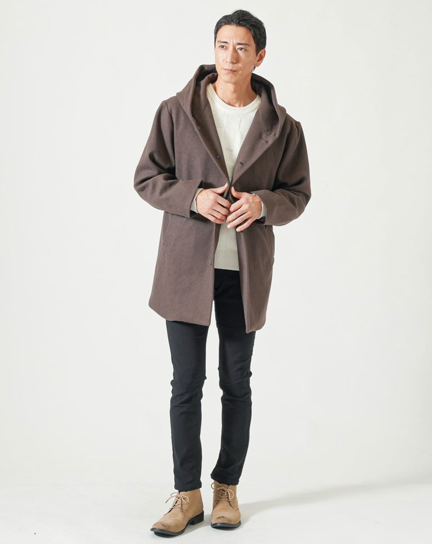 テックメルトンフード付きストレッチロングコート