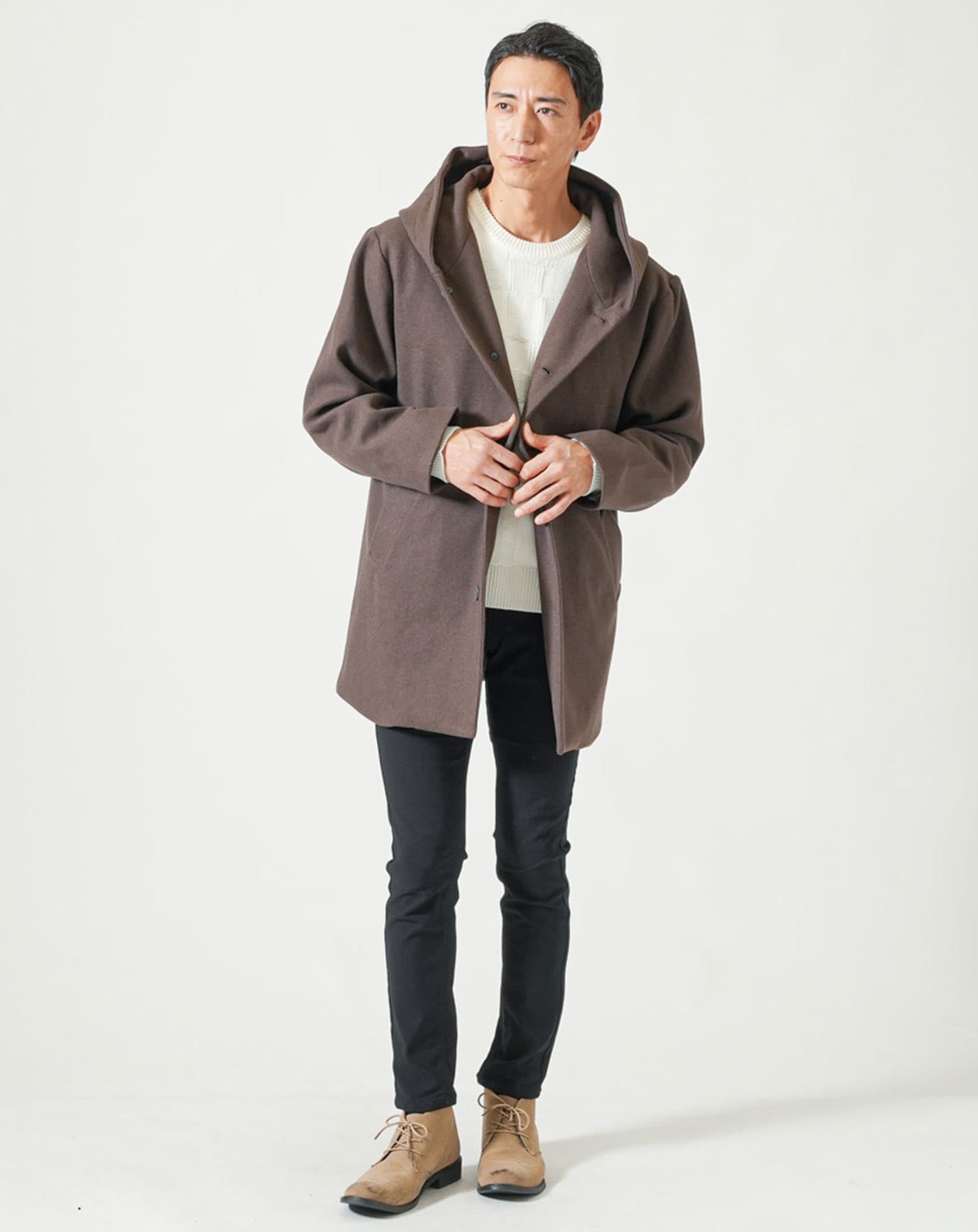 テックメルトンフード付きストレッチロングコート