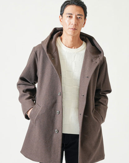 テックメルトンフード付きストレッチロングコート