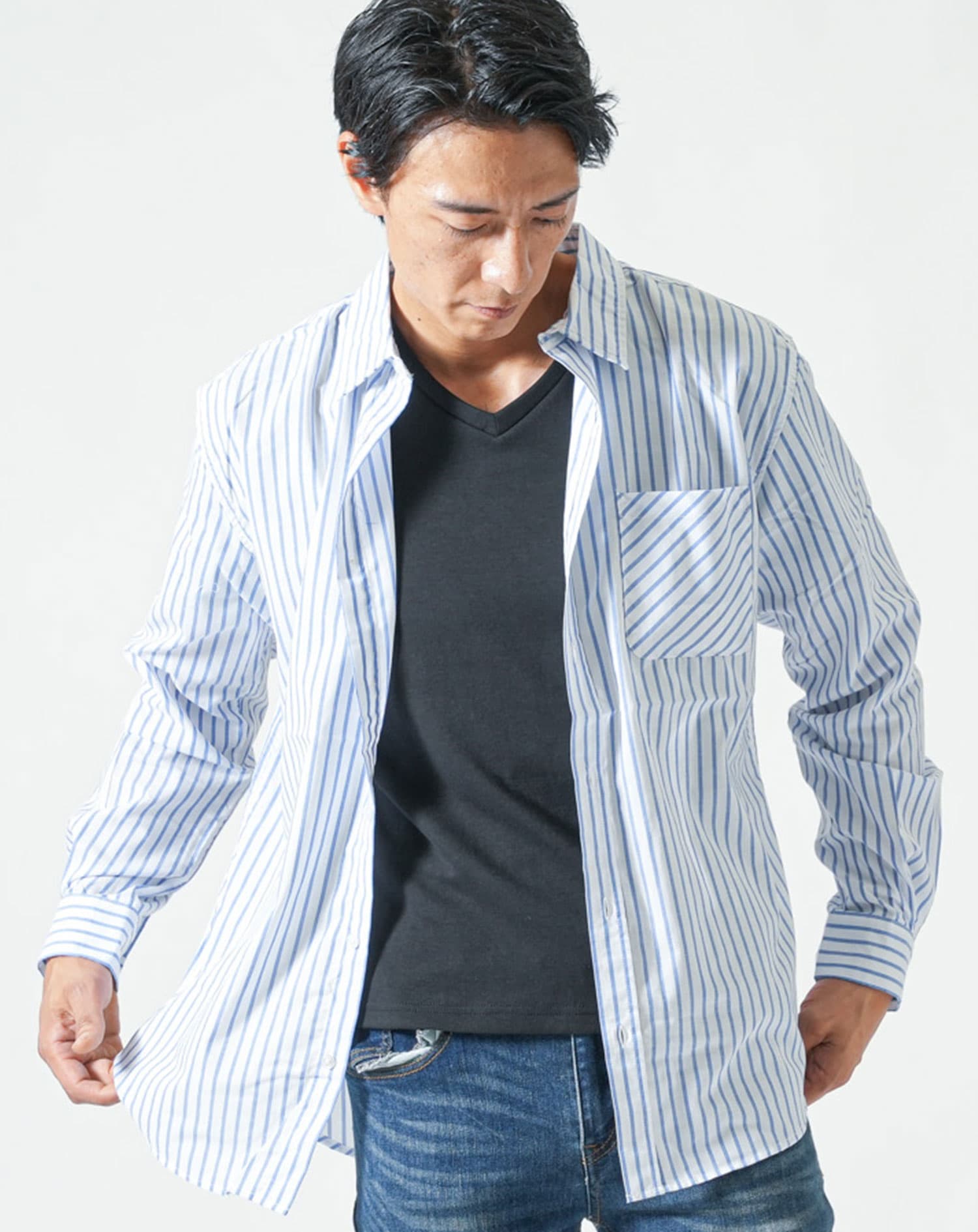 大人の休日ストライプブロード長袖シャツ メンズきれいめカジュアル