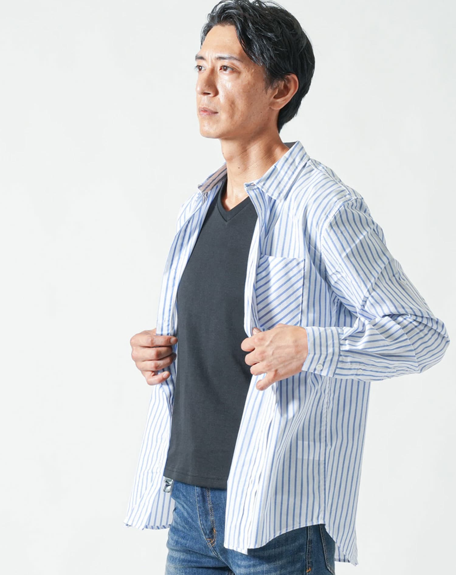 ストライプデザインブロード長袖シャツ