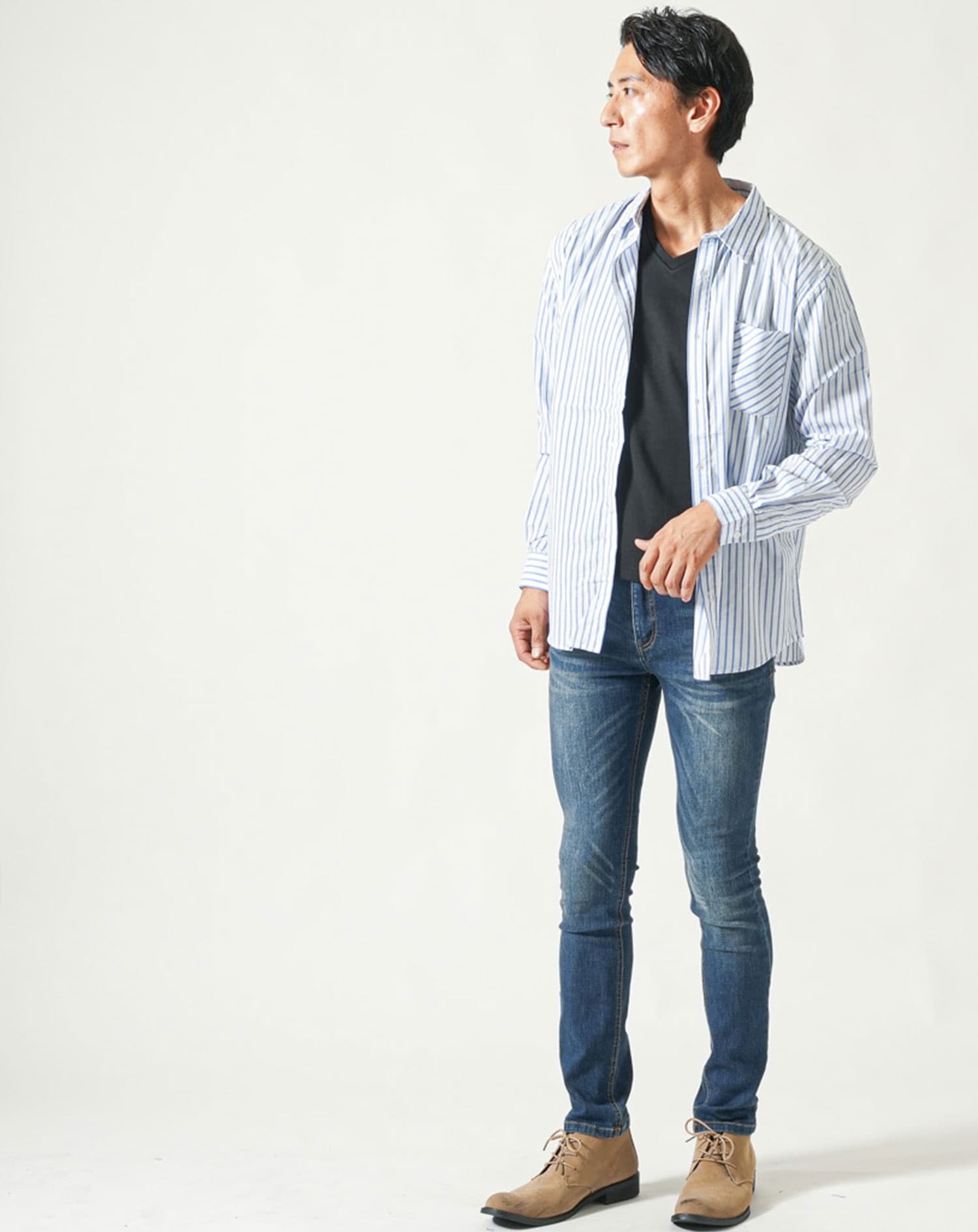 ストライプデザインブロード長袖シャツ