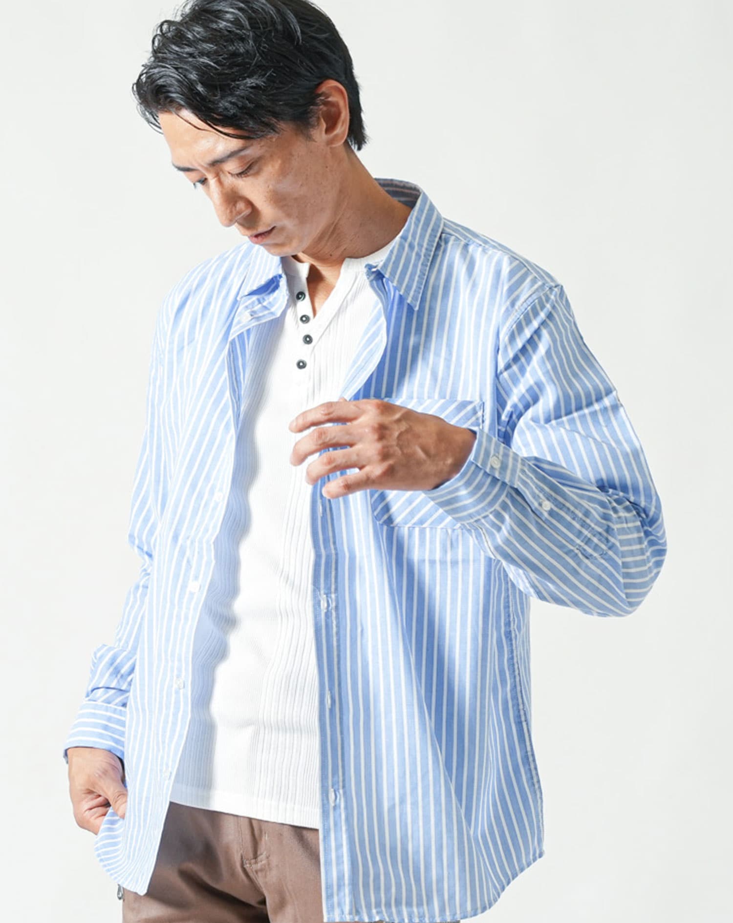 ストライプデザインブロード長袖シャツ