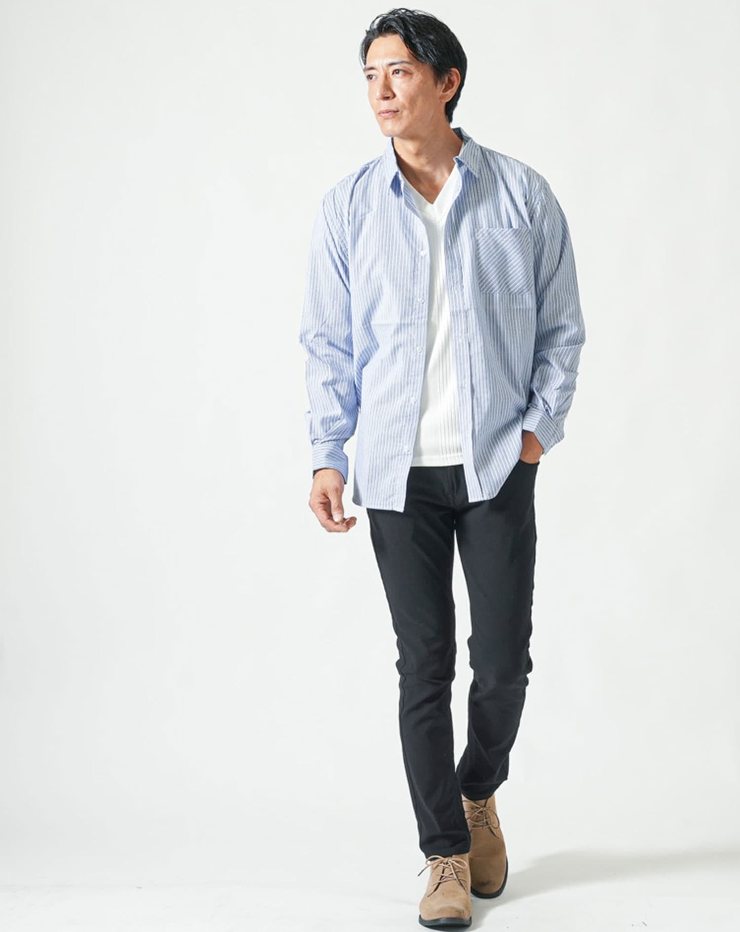 ストライプデザインブロード長袖シャツ