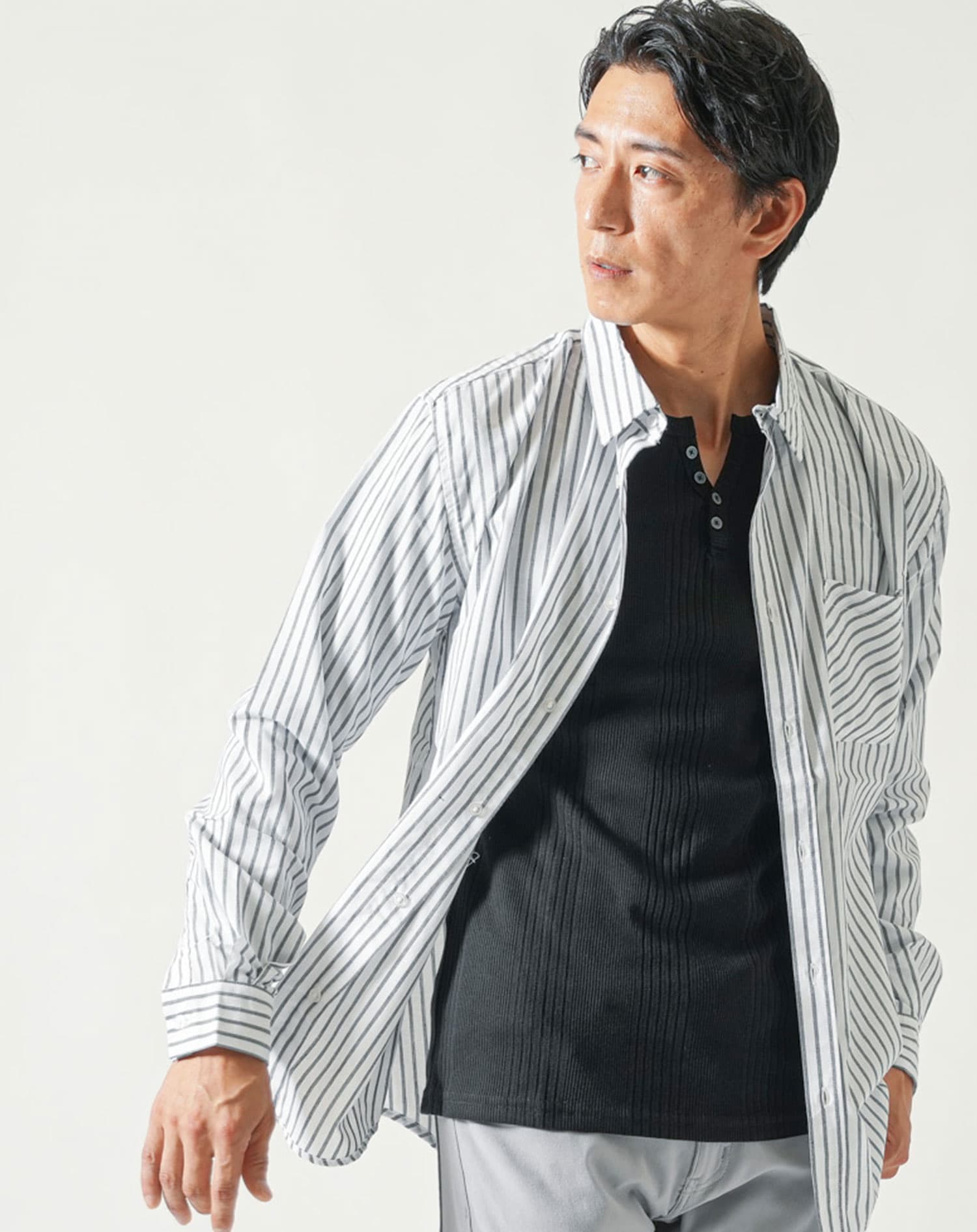 ストライプデザインブロード長袖シャツ