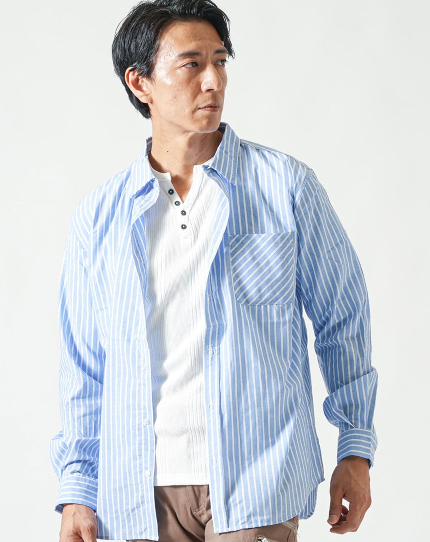 ストライプデザインブロード長袖シャツ