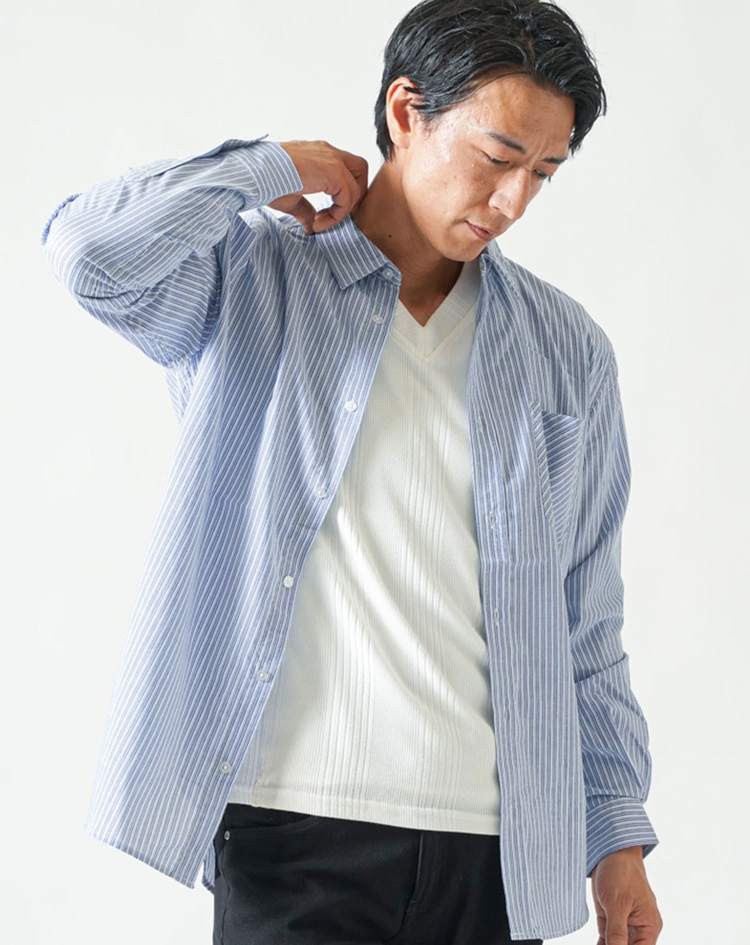大人の休日ストライプブロード長袖シャツ メンズきれいめカジュアル