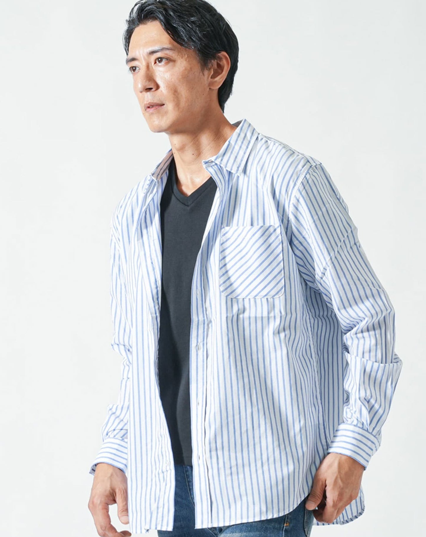 ストライプデザインブロード長袖シャツ