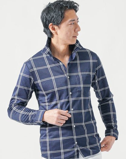 ワイヤー入りスタンドカラー長袖ストレッチチェックシャツ