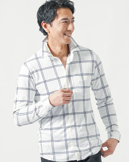 ワイヤー入りスタンドカラー長袖ストレッチチェックシャツ