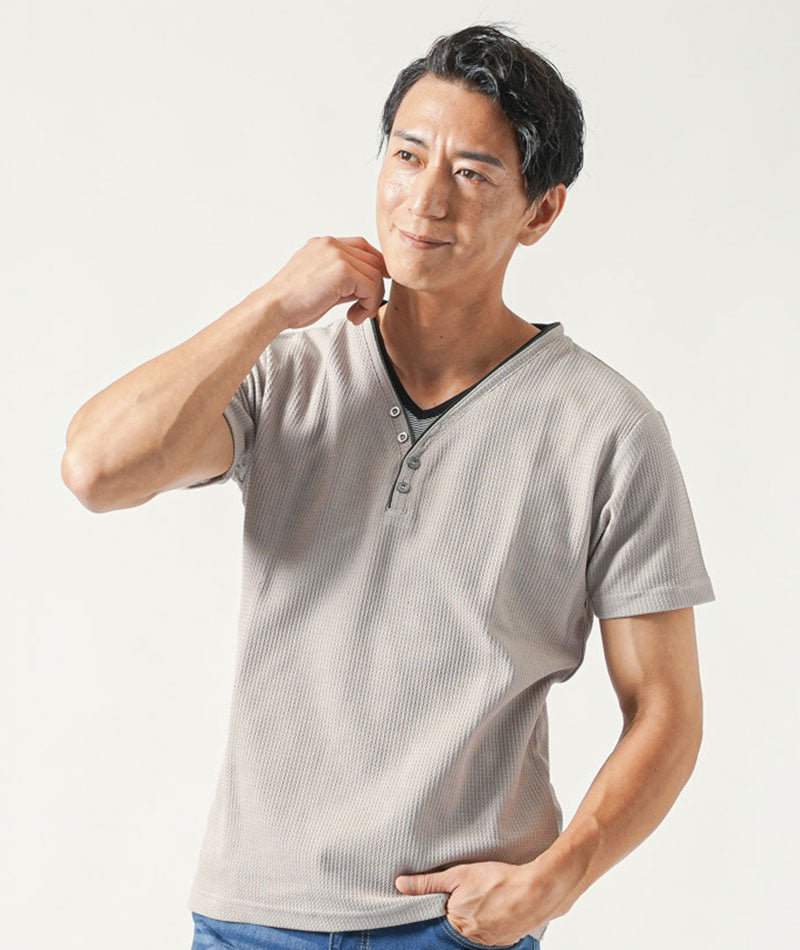 Tシャツ カットソー メンズ 半袖 Vネック おしゃれ ブランド 人気 おすすめ 無地 コーデ 40代 50代大きいサイズ ワッフル フェイクレイヤードデザイン