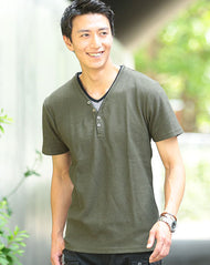 フェイクレイヤードデザインワッフル素材半袖Ｔシャツ