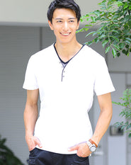 フェイクレイヤードデザインワッフル素材ヘンリーVネック半袖Tシャツ