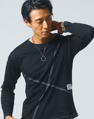 ステッチ切り替え長袖クルーネックコットンTシャツ