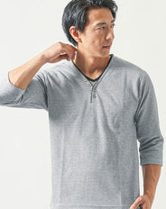 フェイクレイヤードワッフル素材７分袖ヘンリーネックＴシャツ
