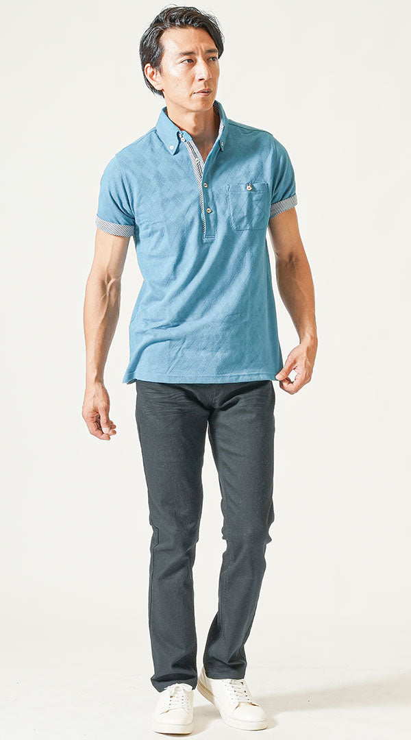 30代男性が鹿の子ポロシャツと黒スリムパンツで爽やかに見える夏コーデ