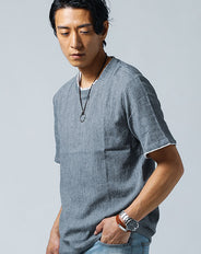 綿麻素材フェイクレイヤード半袖クルーネックTシャツ